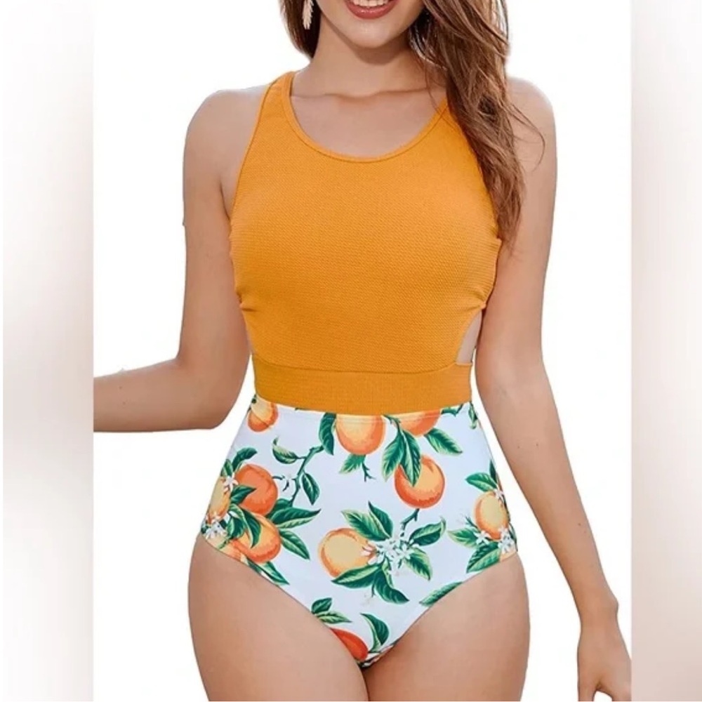 Vibrant Orange and White Citrus Print One Piece Swimsuit Size M